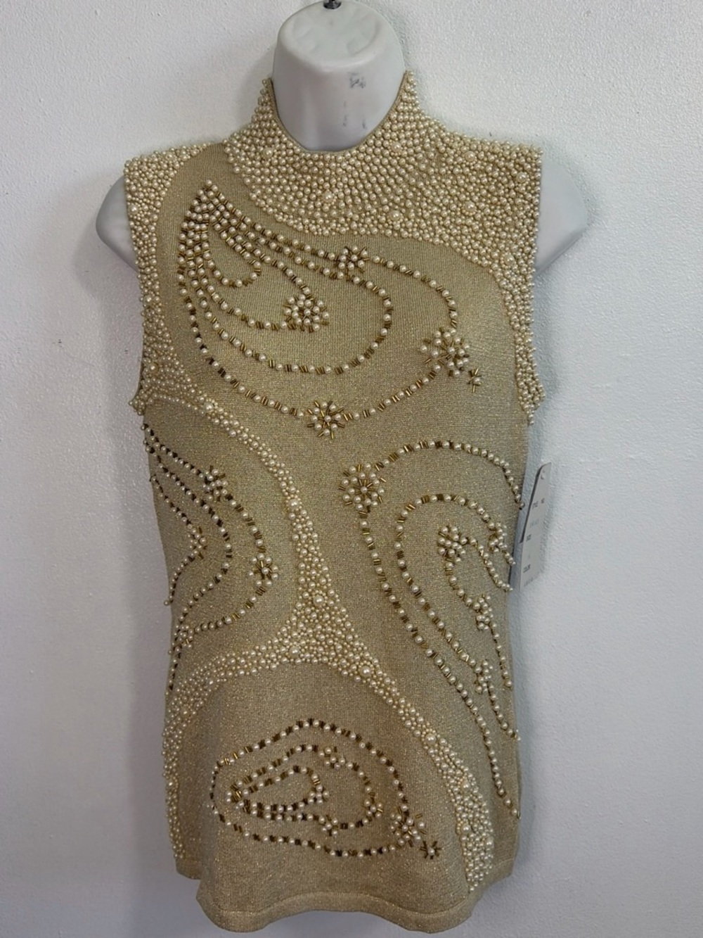 NWT Belldini Gold Pearl Beaded Mock Neck Top Sleeveless Size M